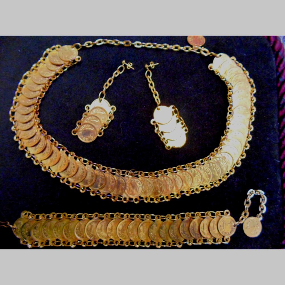 Vtg 52 Queen Elizabeth II Jubilee Faux Gold Coin Necklace Bracelet Earrings Set